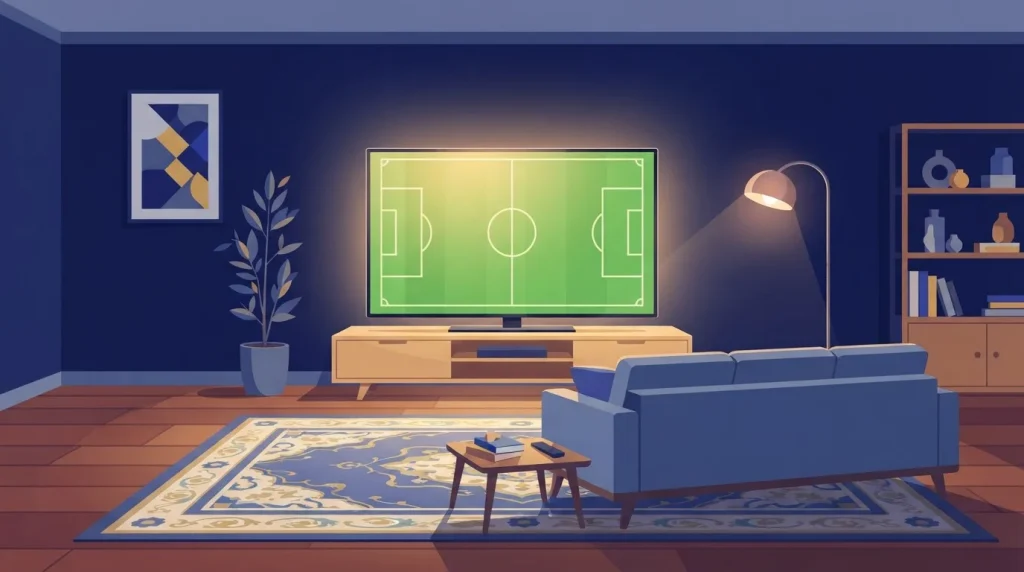 Ein Fernsehgerät zeigt eine stilisierte Spielfläche mit markierten Linien