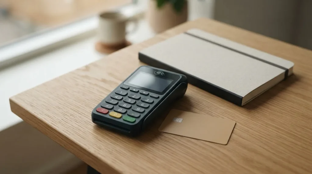 Kartenterminal neben einer Bankkarte auf einem Schreibtisch
