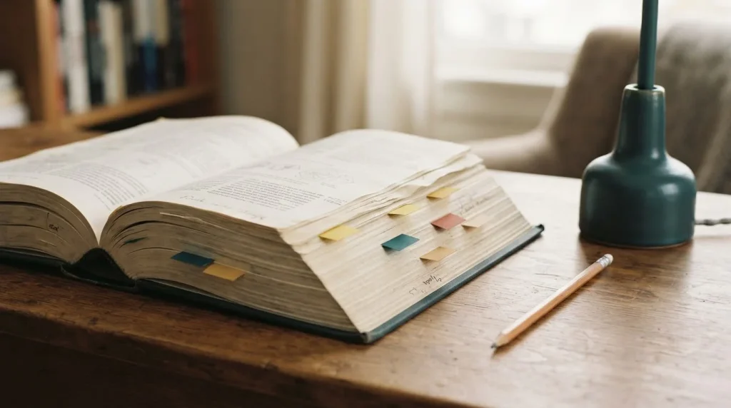Geöffnetes Nachschlagebuch mit farbigen Registerreitern auf einem Holztisch