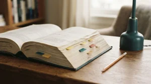 Geöffnetes Nachschlagebuch mit farbigen Registerreitern auf einem Holztisch