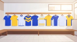 Mehrere Sporttrikots hängen nebeneinander in einer Umkleide