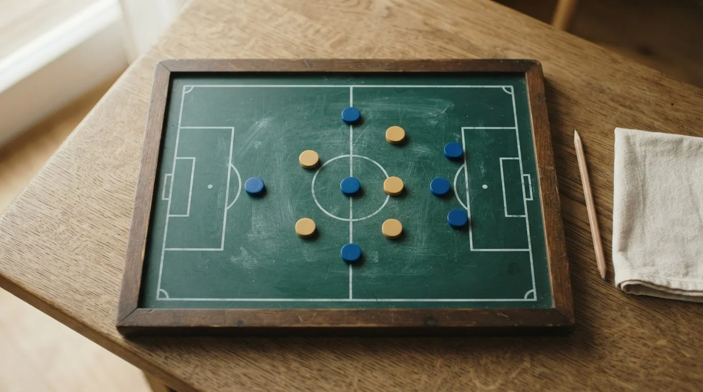 Taktiktafel mit Spielfeldlinien und geordneten Spielfiguren für Fußball
